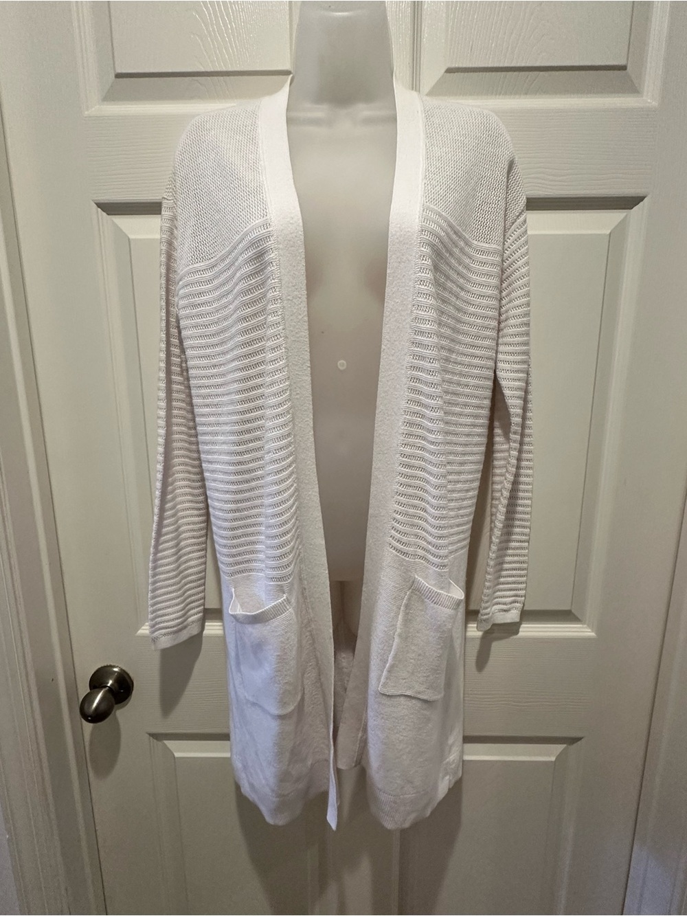 T by Talbots White Open Knit Long Duster Cardigan w Pockets Coastal Resort XS